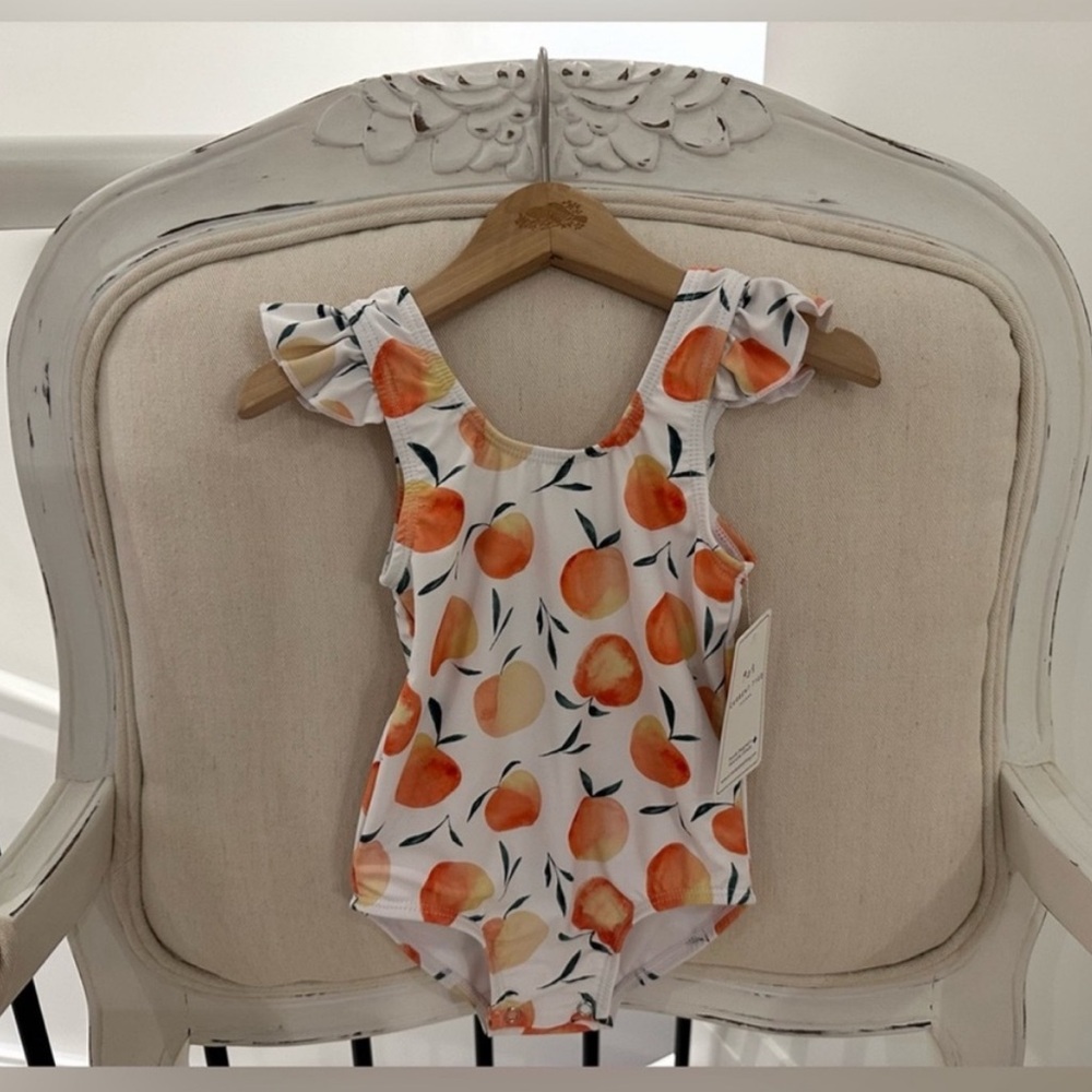 🍑 12~24 Month Current Tyed Ruffle Shoulder Peach Print Baby Swimsuit NWT